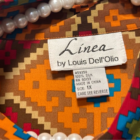 VTG Linea Louis Dell’Olio Tunic 100% Silk 1X Multicolor Geometric Western Boho - Picture 2 of 9